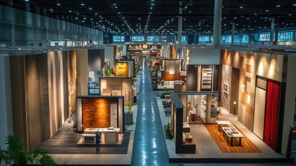 Modern trade show booths displayed in a large exhibition hall, featuring custom-designed exhibits, lighting, and open aisle layout.