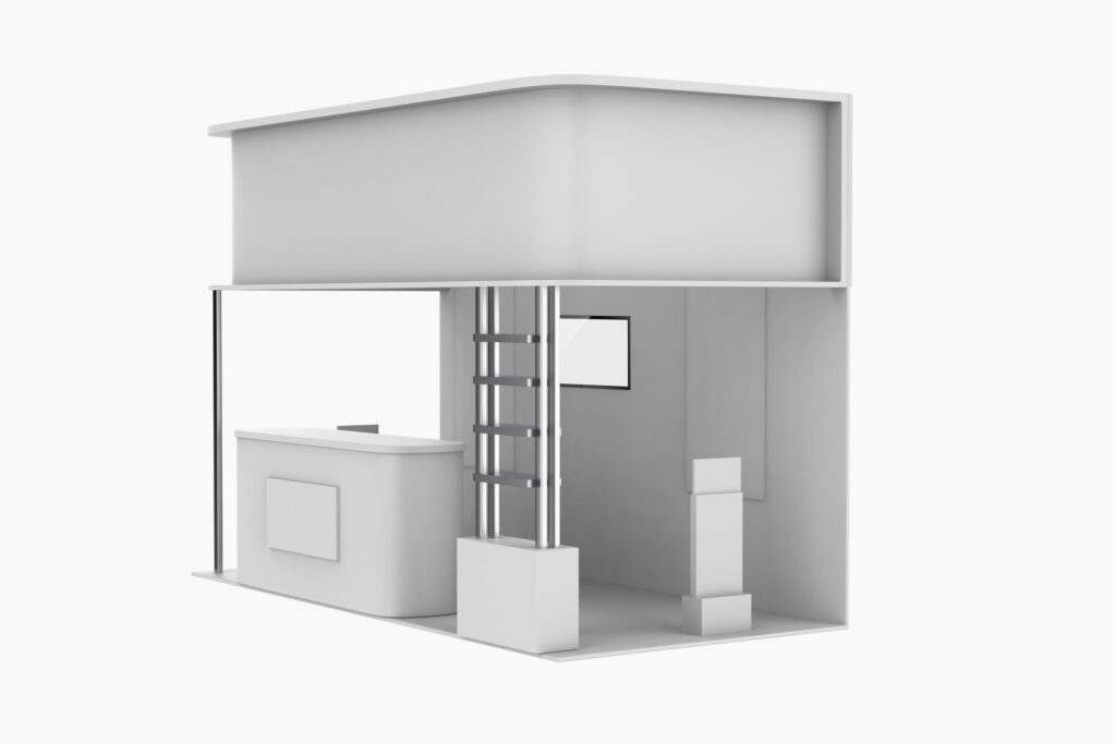 Minimalist white trade show booth mockup with a curved canopy, front reception counter, support columns, and open display space.